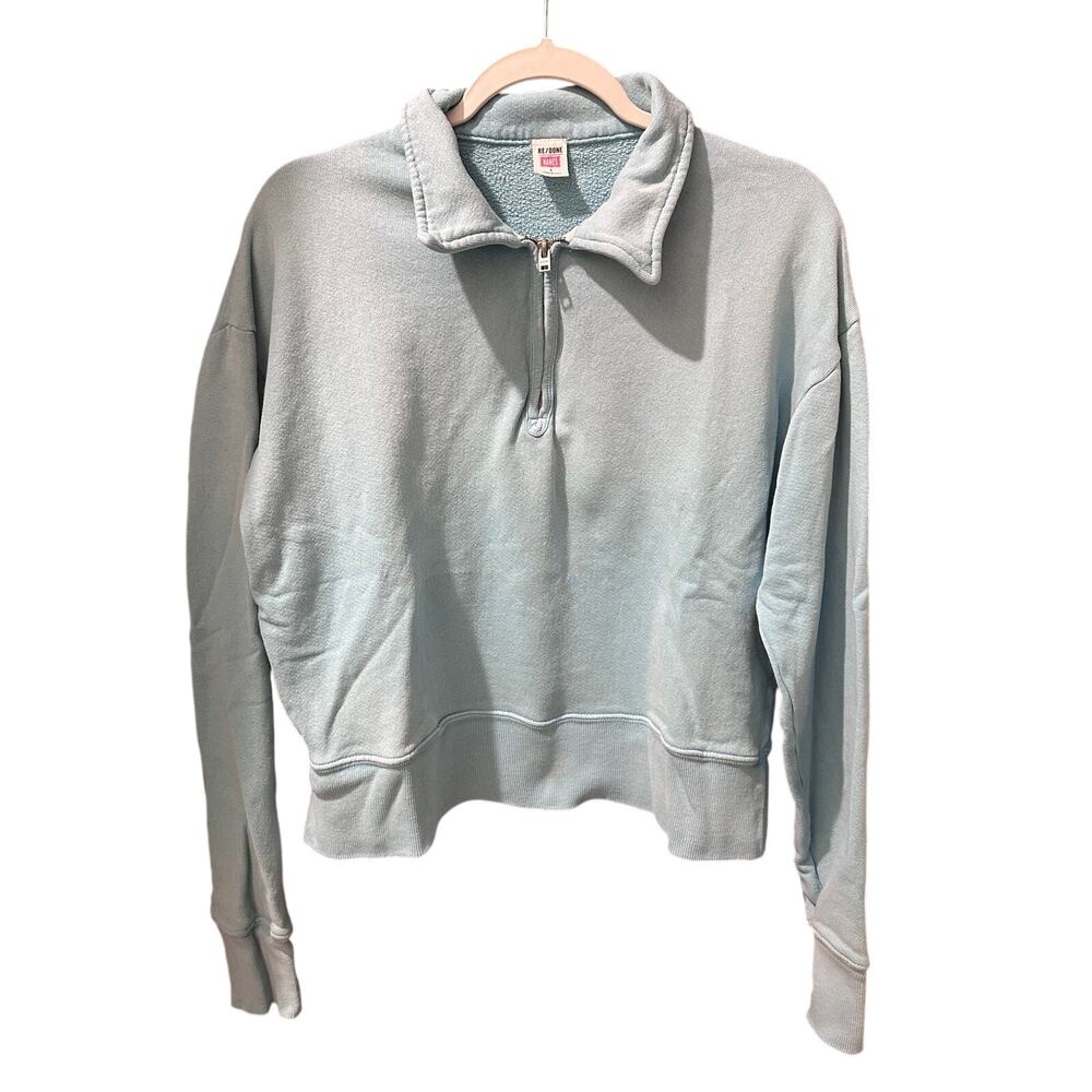 RE/DONE x Hanes Cotton Jersey Cropped Quarter Zip Sweatshirt Faded Sky, L